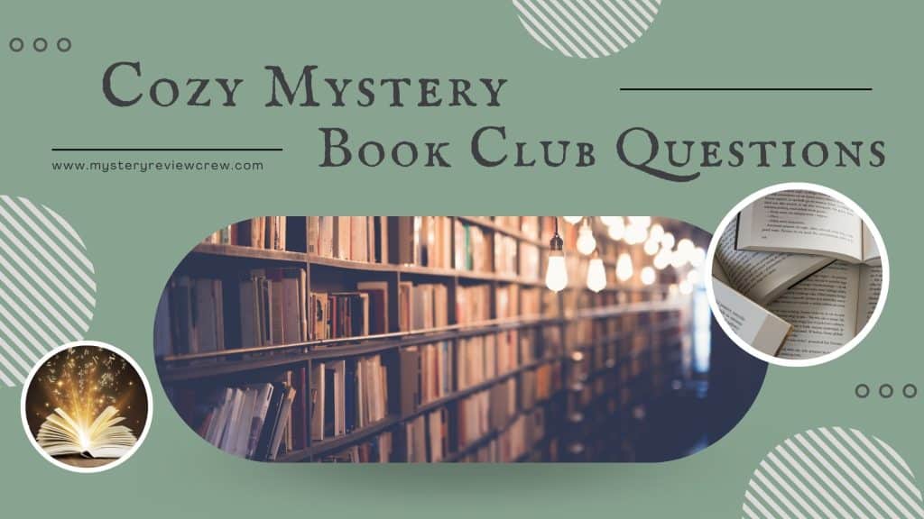 Cozy Mystery Book Club Questions. Shows various books open (No titles).