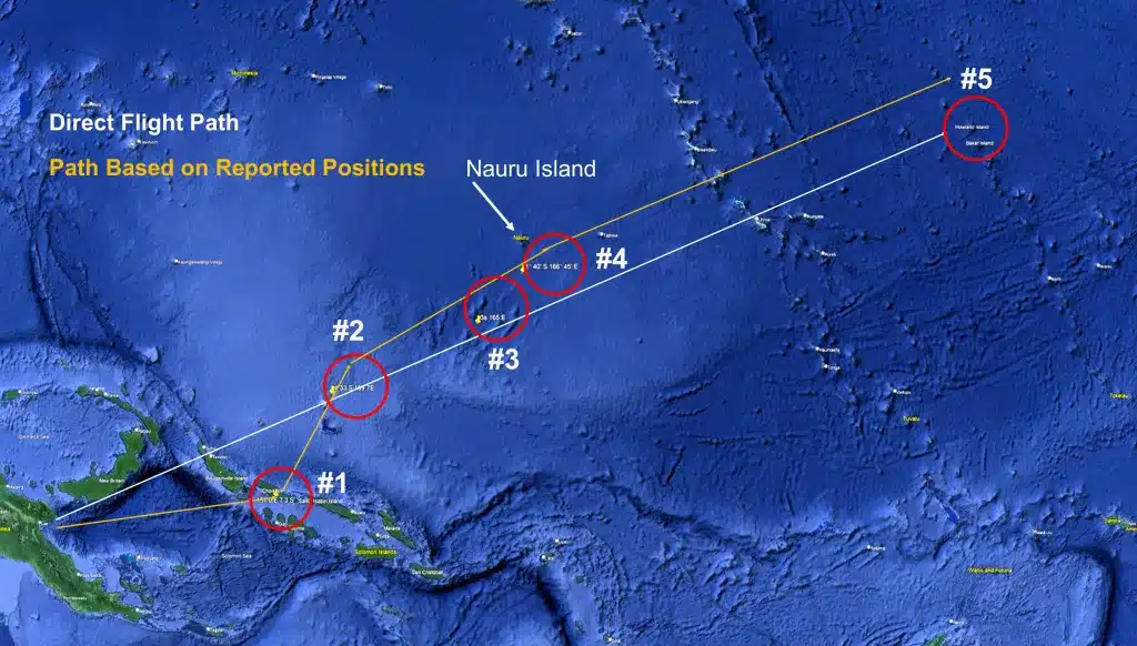 Map with possible overlaid flight plans for Amelia Earhart's Last Flight